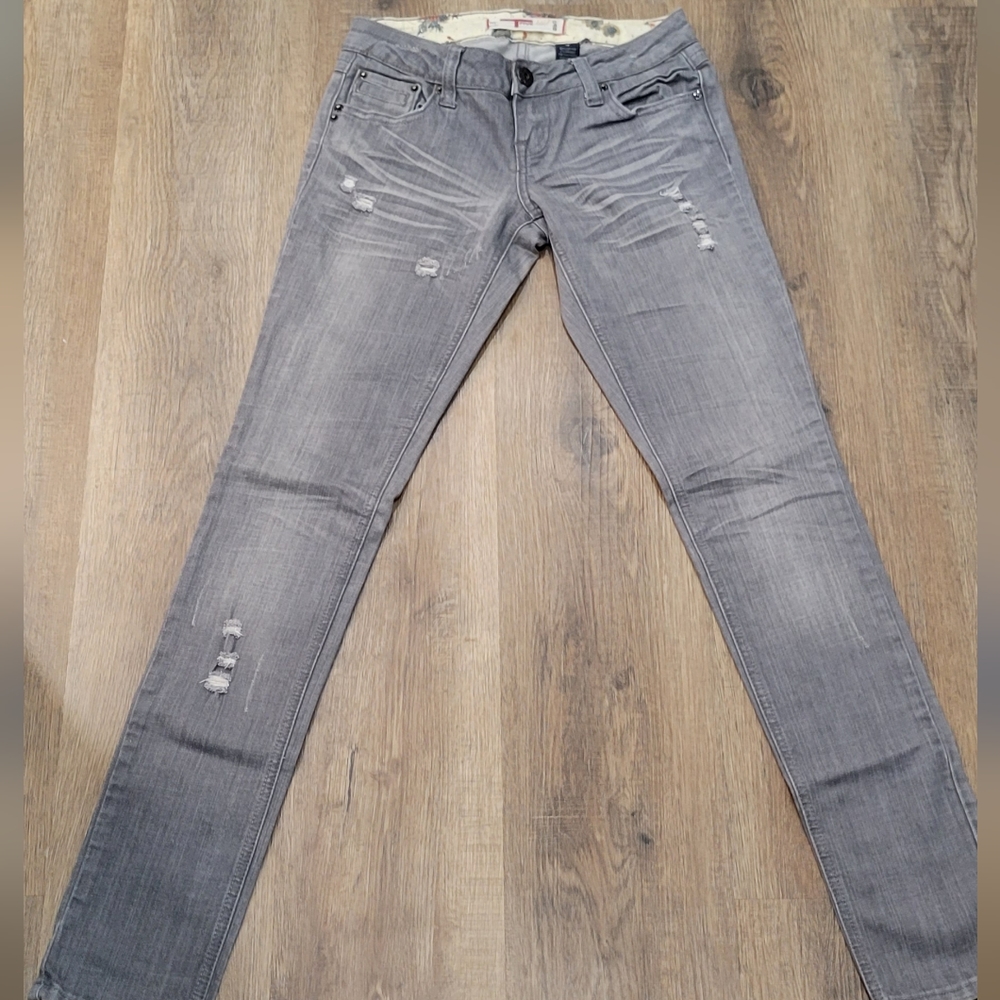 T5Denim Vintage Y2K Grey Distressed Ripped Skinny Jeans, size 3
